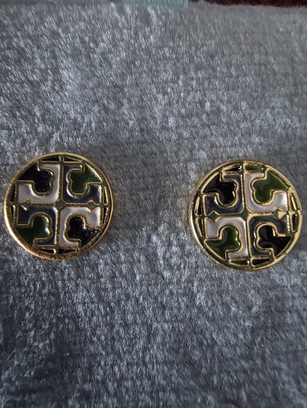 Tori Burch Gold-Tone Round Logo Stud Earrings with Green & Navy Enamel